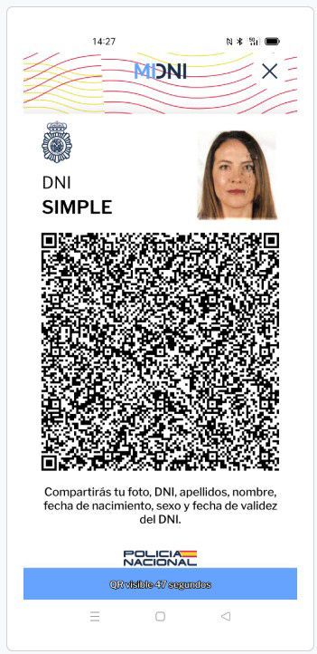 Código QR del DNI enviado a través de la app MiDNI